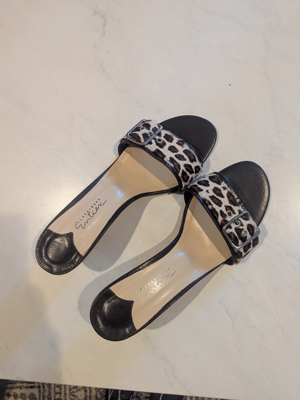 Classiques Entier Black Slides with Leopard Strap and Buckle